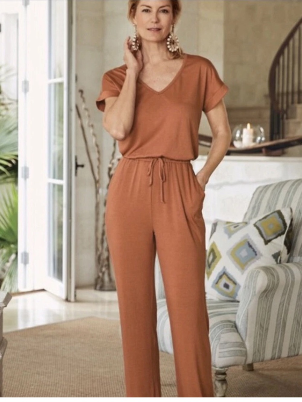 Soft Surroundings V-Neck Drawstring Wide-Leg Jumpsuit in Rust Large